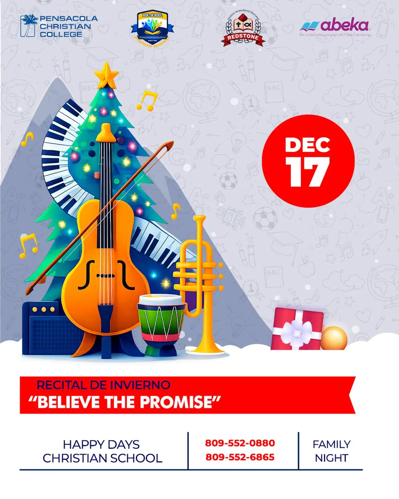 🎶✨ Un momento especial para celebrar el talento, la dedicación y el trabajo en equipo. Nuestro Recital de Invierno “Believe the Promise” reunirá a nuestros estudiantes en una presentación donde la música, el esfuerzo y el espíritu de comunidad se unen para compartir un mensaje de esperanza y alegría. Les esperamos este 17 de diciembre en un encuentro pensado para disfrutar en familia. 🎄🎼 ⸻————————————————————————— 🎶✨ A special moment to celebrate talent, dedication, and teamwork. Our Winter Recital “Believe the Promise” will bring our students together in a presentation where music, effort, and community come together to share a message of hope and joy. Join us this December 17 for a meaningful family gathering. 🎄🎼 #happydayschristianschool #hdcs #bavaro #punacana #laaltagracia #republicadominicana #colegio #escuela #educacion #educacioncristiana #valores #familia #comunidadeducativa #aprendizaje #talento #musica #arte #recital #recitaldeinvierno #winterrecital #believethepromise #navidad #christmas